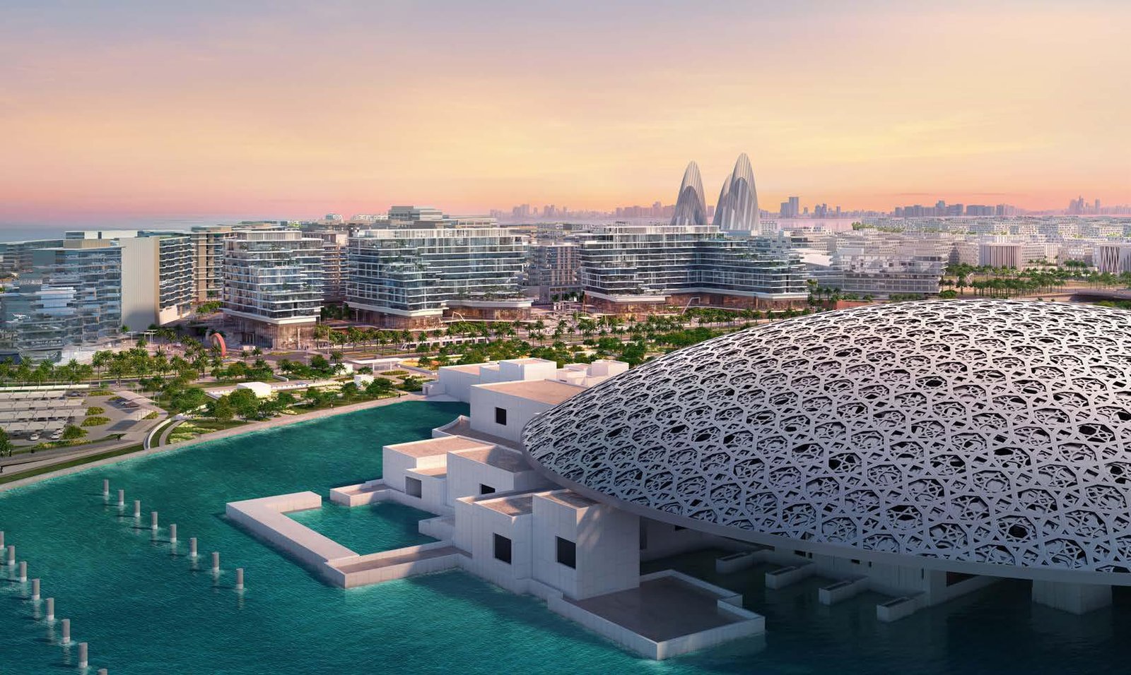 Stunning waterfront lifestyle views of Louvre Abu Dhabi Residences in the heart of Saadiyat Island Cultural District